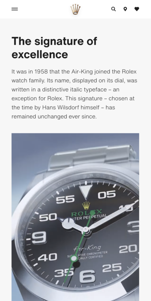 Rolex mobile page with the headline The signature of excellence and a photo of the Air-King watch