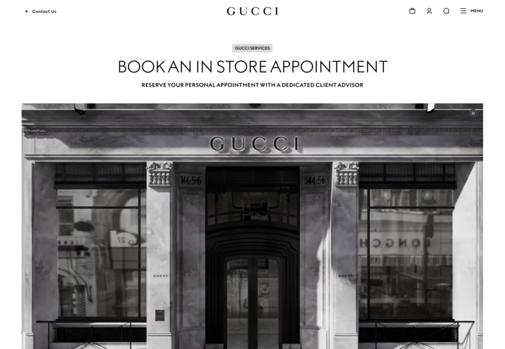 Gucci in-store appointment booking page with a dedicated client advisor