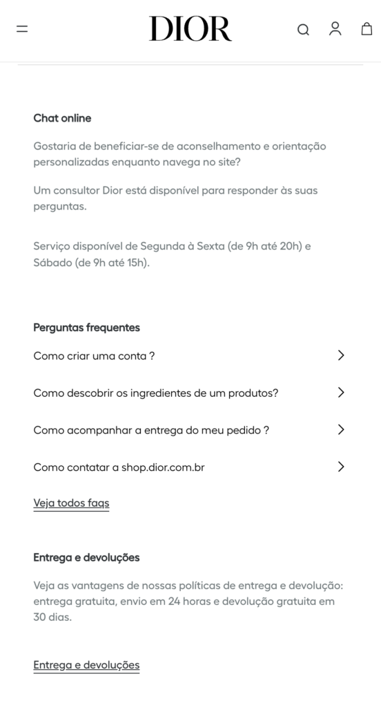 Dior mobile help page with online chat, frequently asked questions, and delivery and returns policy